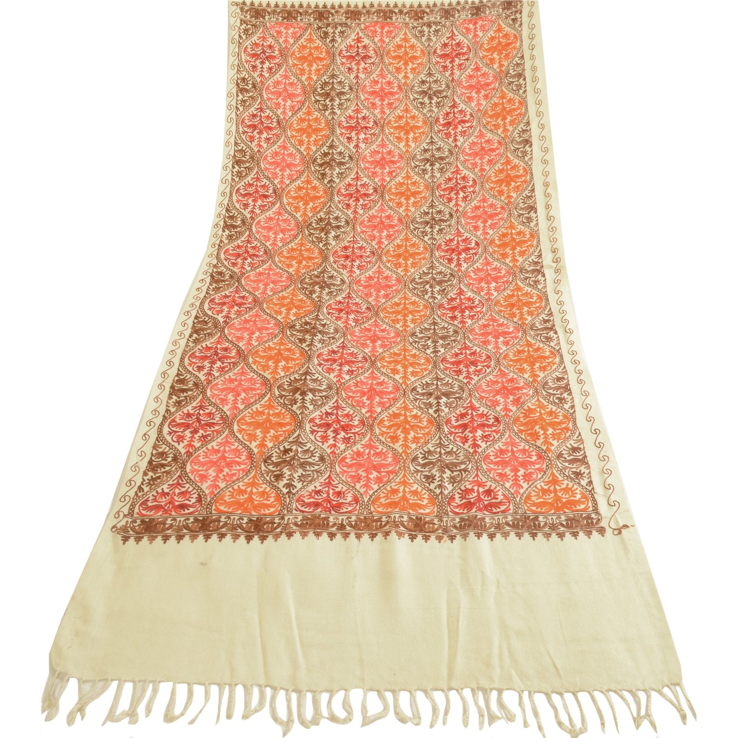 Sanskriti Vintage Ivory Pure Wool Shawl Handmade Ari Long Throw Floral Stole