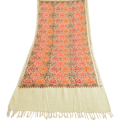 Sanskriti Vintage Ivory Pure Wool Shawl Handmade Ari Long Throw Floral Stole
