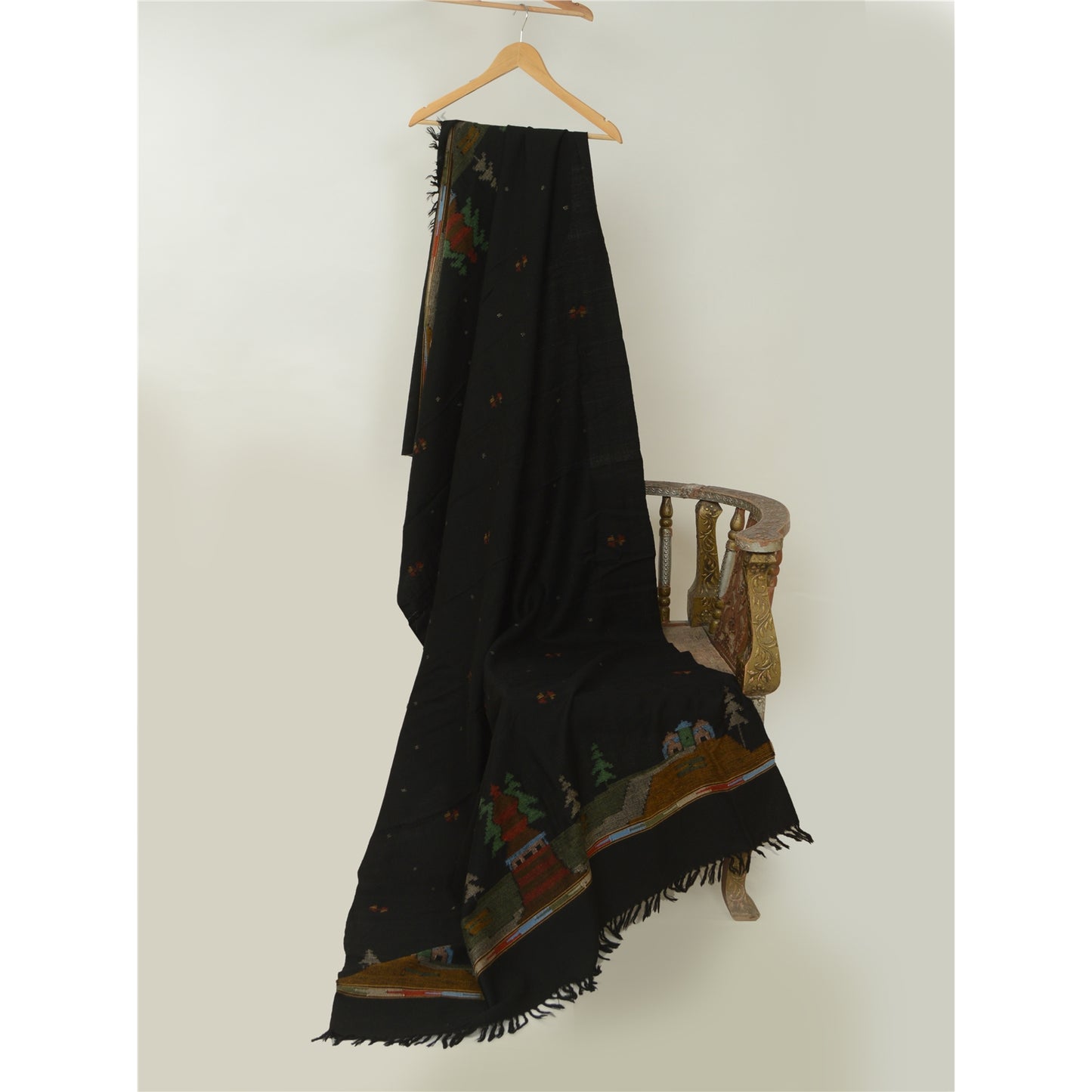 Sanskriti Vintage Black Pure Woollen Shawl Handmade Kantha Long Throw Stole