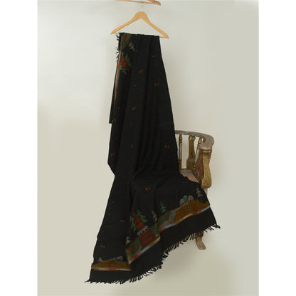 Sanskriti Vintage Black Pure Woollen Shawl Handmade Kantha Long Throw Stole