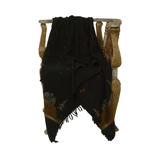 Sanskriti Vintage Black Pure Woollen Shawl Handmade Kantha Long Throw Stole