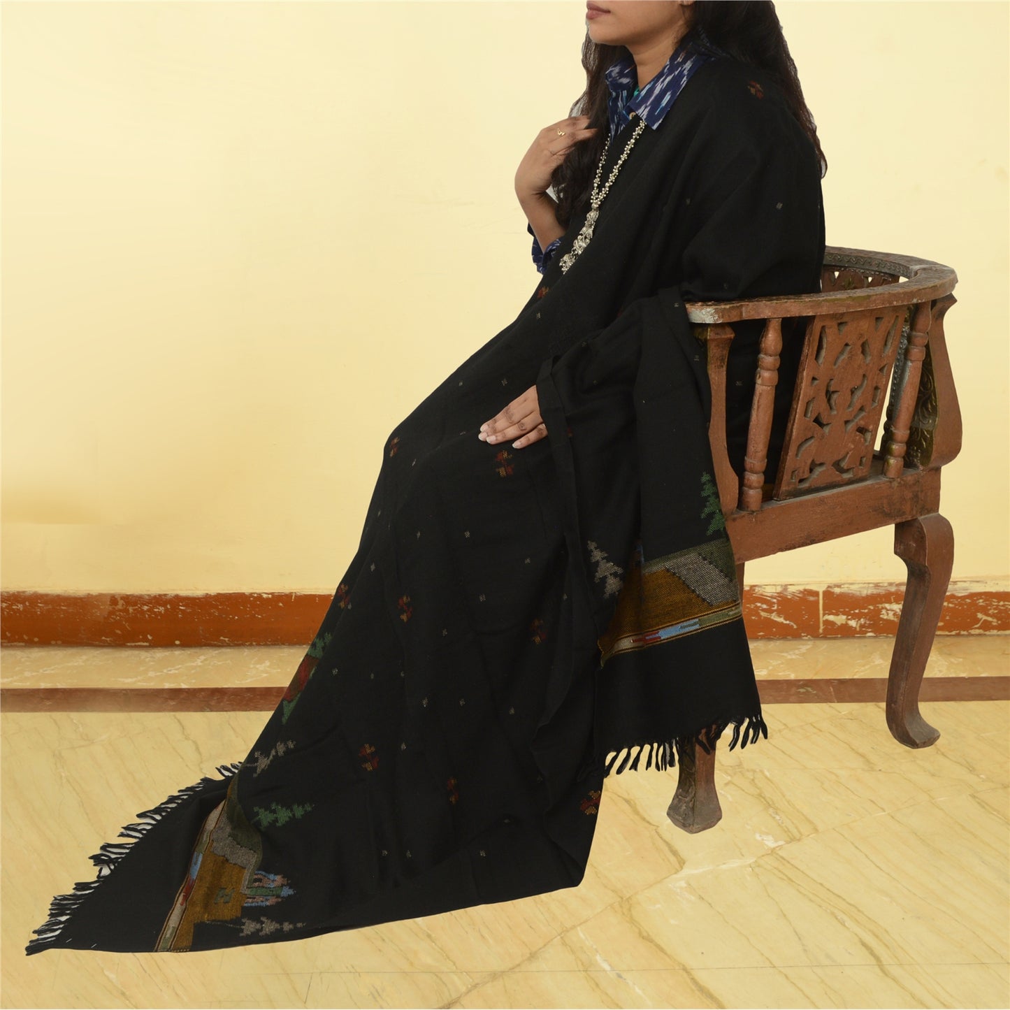 Sanskriti Vintage Black Pure Woollen Shawl Handmade Kantha Long Throw Stole