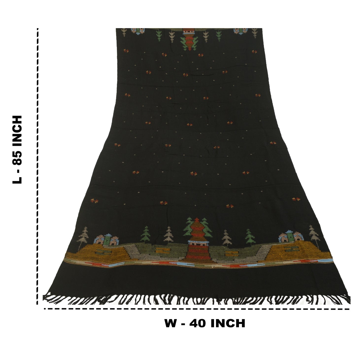 Sanskriti Vintage Black Pure Woollen Shawl Handmade Kantha Long Throw Stole