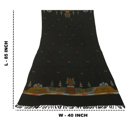 Sanskriti Vintage Black Pure Woollen Shawl Handmade Kantha Long Throw Stole