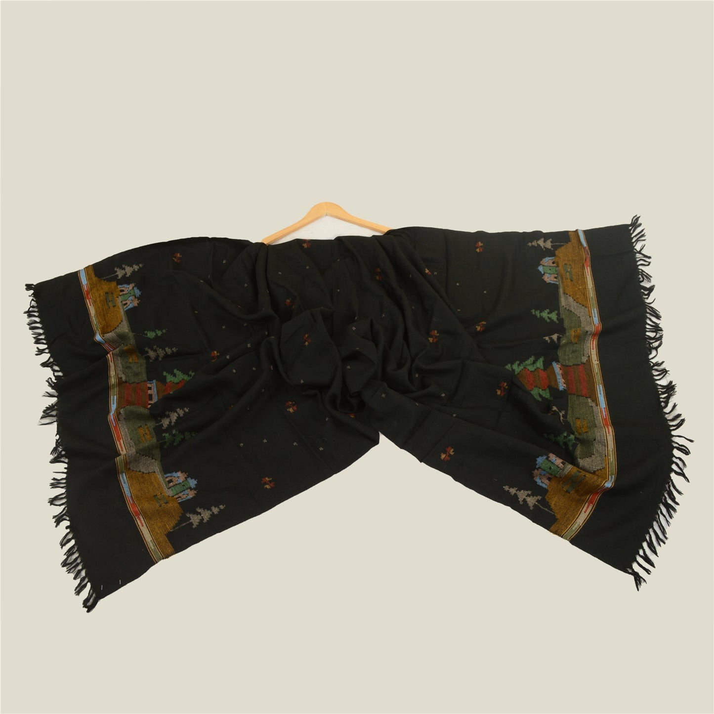 Sanskriti Vintage Black Pure Woollen Shawl Handmade Kantha Long Throw Stole