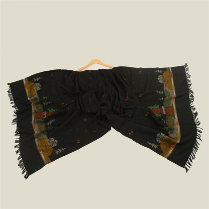 Sanskriti Vintage Black Pure Woollen Shawl Handmade Kantha Long Throw Stole