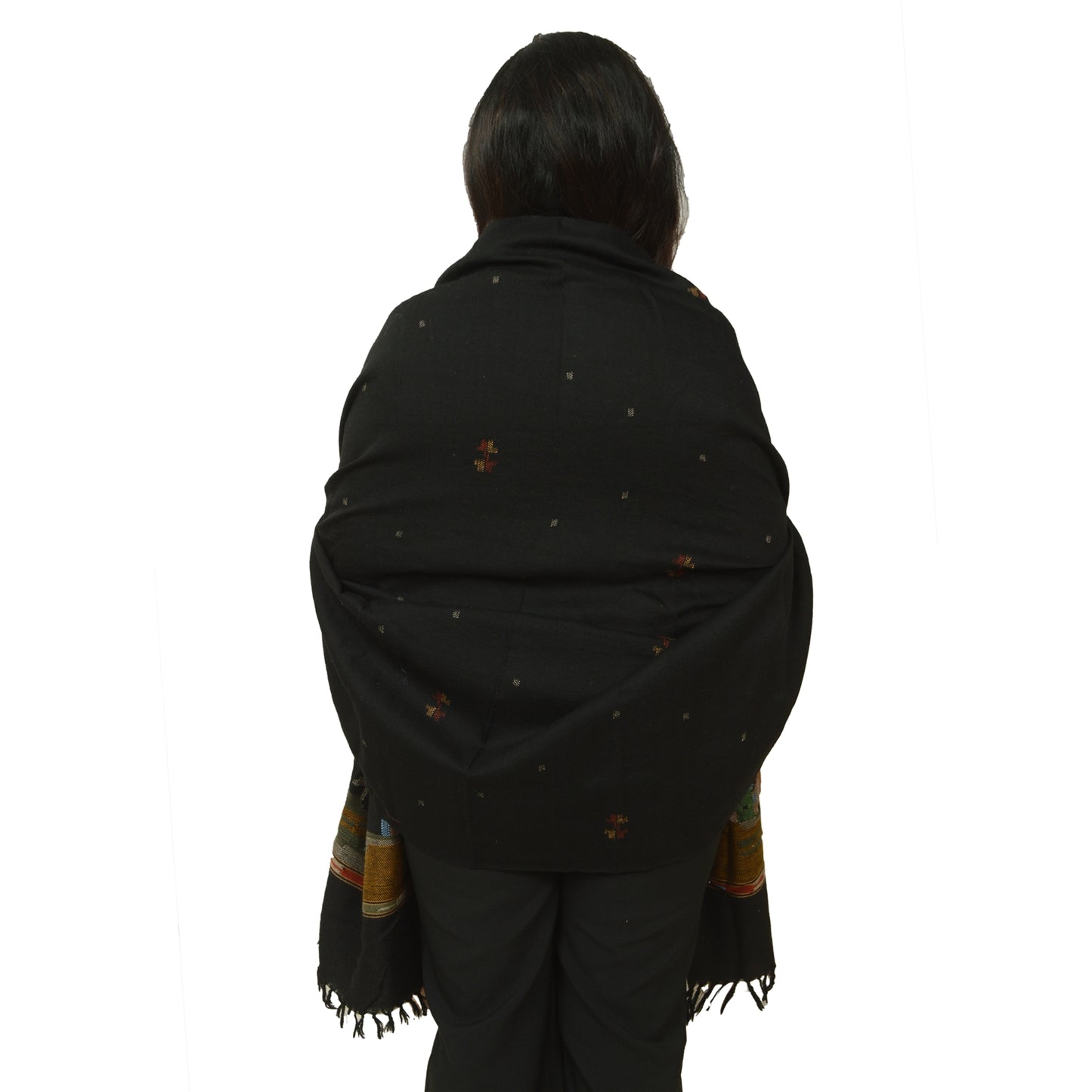 Sanskriti Vintage Black Pure Woollen Shawl Handmade Kantha Long Throw Stole