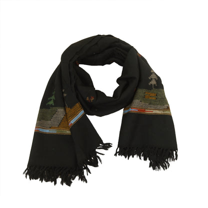 Sanskriti Vintage Black Pure Woollen Shawl Handmade Kantha Long Throw Stole