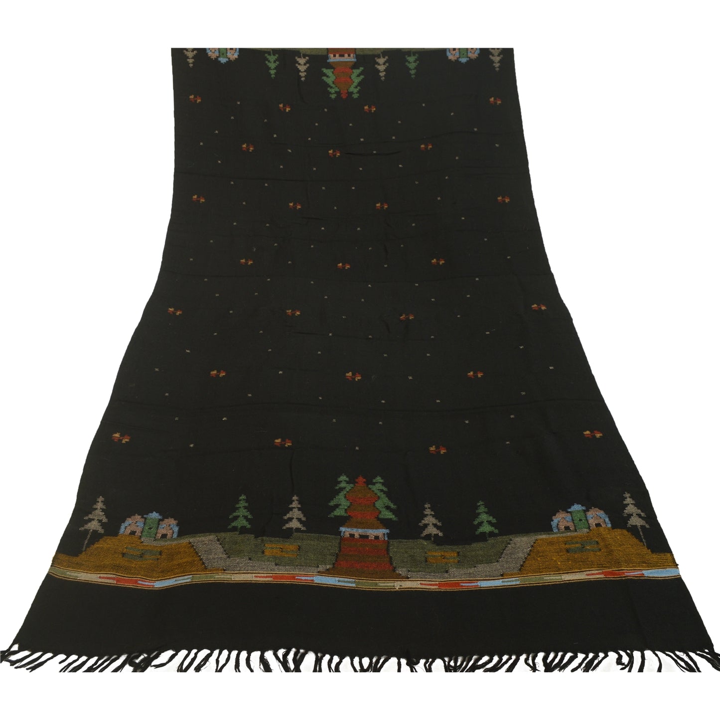 Sanskriti Vintage Black Pure Woollen Shawl Handmade Kantha Long Throw Stole