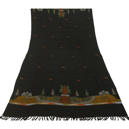 Sanskriti Vintage Black Pure Woollen Shawl Handmade Kantha Long Throw Stole
