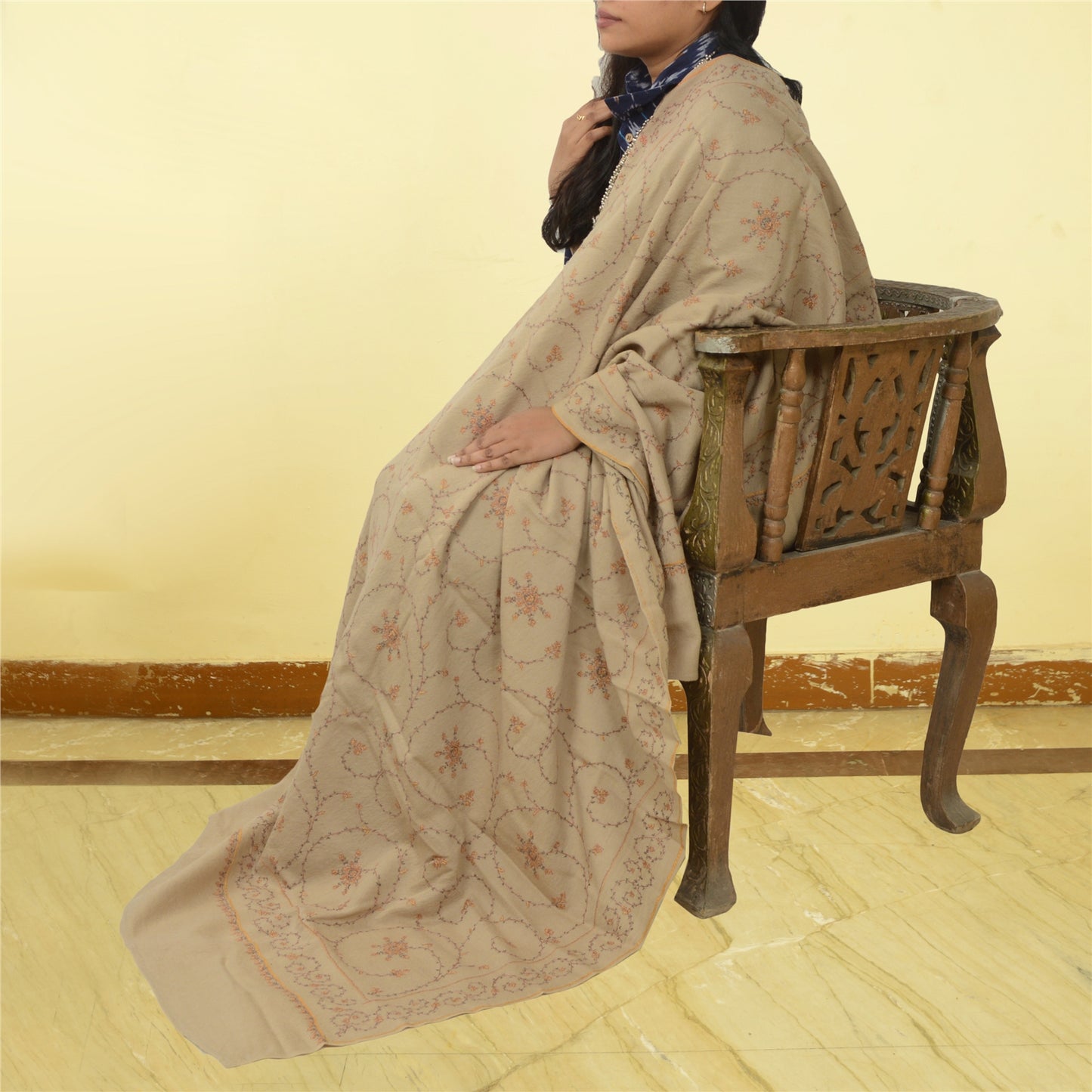 Sanskriti Vintage Brown Pure Woollen Shawl Handmade Suzani Long Throw Stole