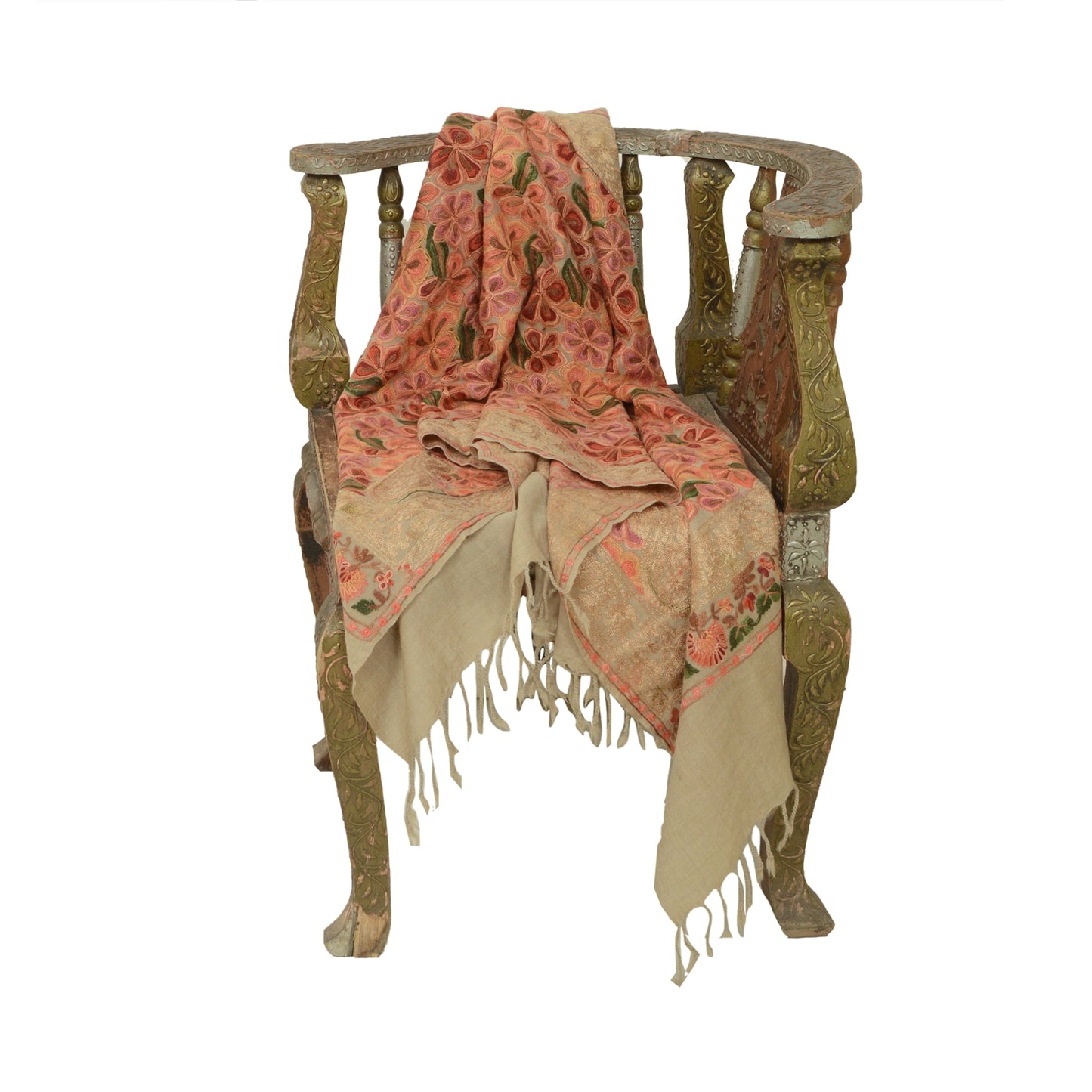 Sanskriti Vintage Long Shawl Handmade Ari Work Pure Woollen Scarf Throw Stole