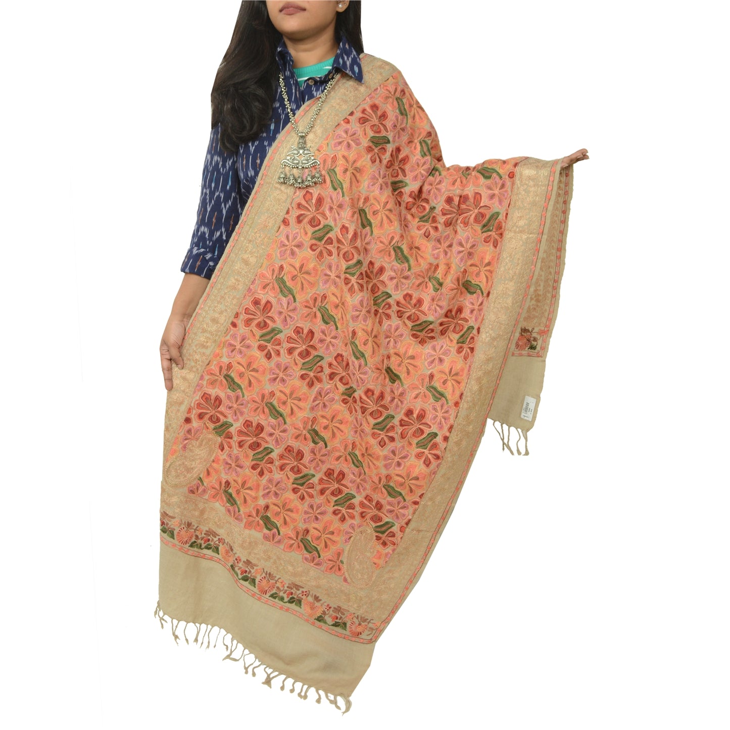 Sanskriti Vintage Long Shawl Handmade Ari Work Pure Woollen Scarf Throw Stole
