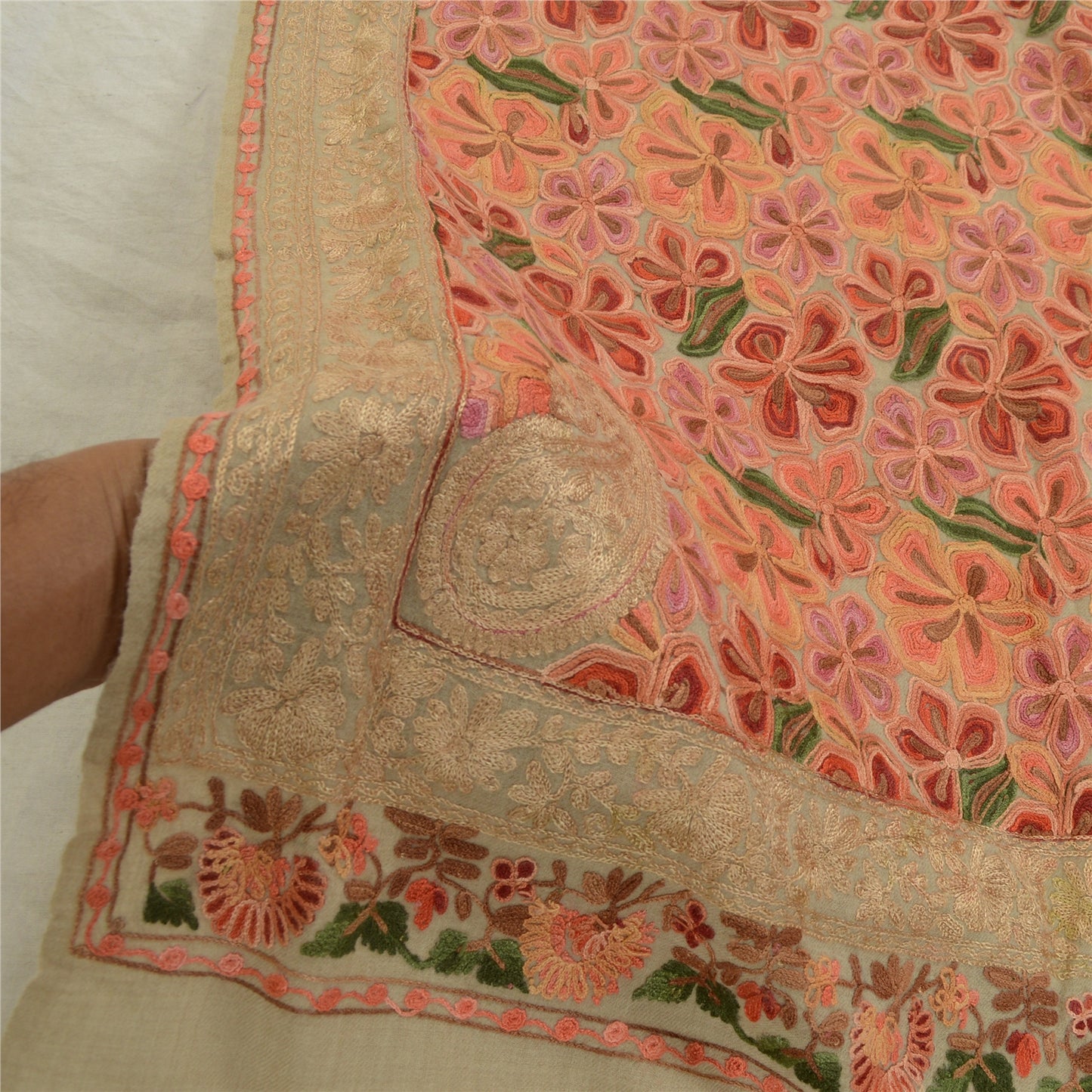 Sanskriti Vintage Long Shawl Handmade Ari Work Pure Woollen Scarf Throw Stole