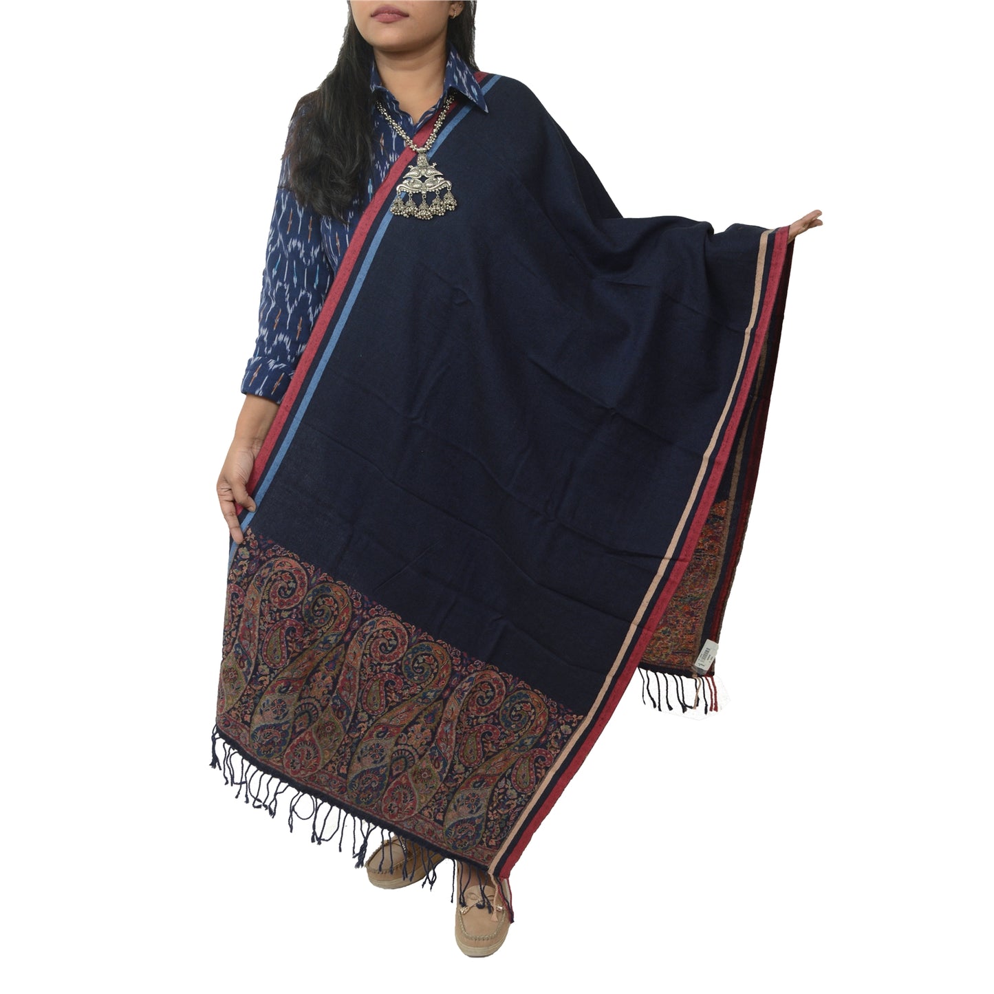 Sanskriti Vintage Blue Blend Silk Shawl Hand-Woven Long Throw Soft Soft Stole