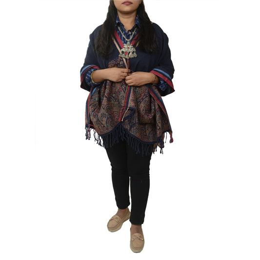 Sanskriti Vintage Blue Blend Silk Shawl Hand-Woven Long Throw Soft Soft Stole