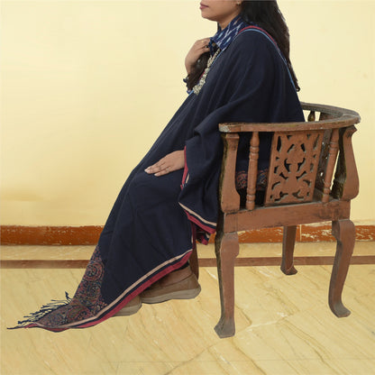 Sanskriti Vintage Blue Blend Silk Shawl Hand-Woven Long Throw Soft Soft Stole
