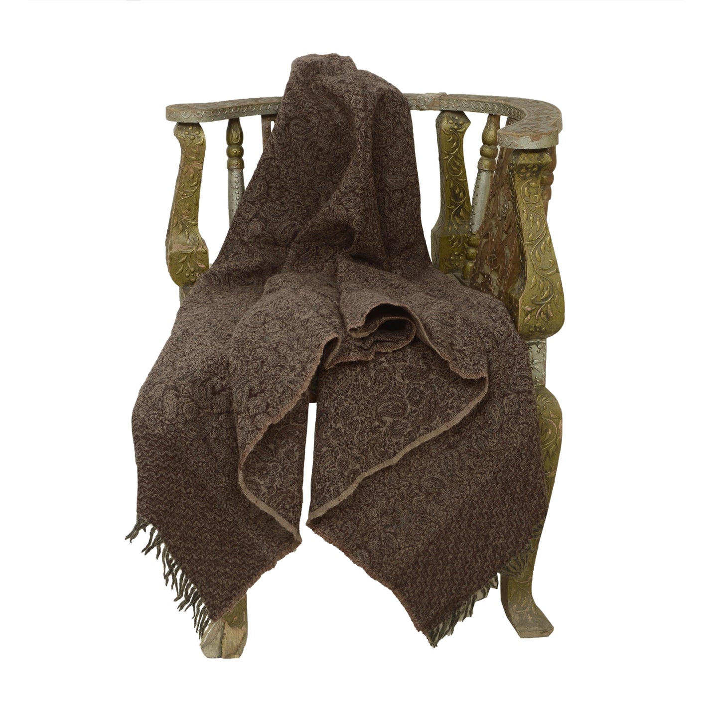 Sanskriti Vintage Long Brown Shawl Woven Pure Woollen Scarf Throw Stole