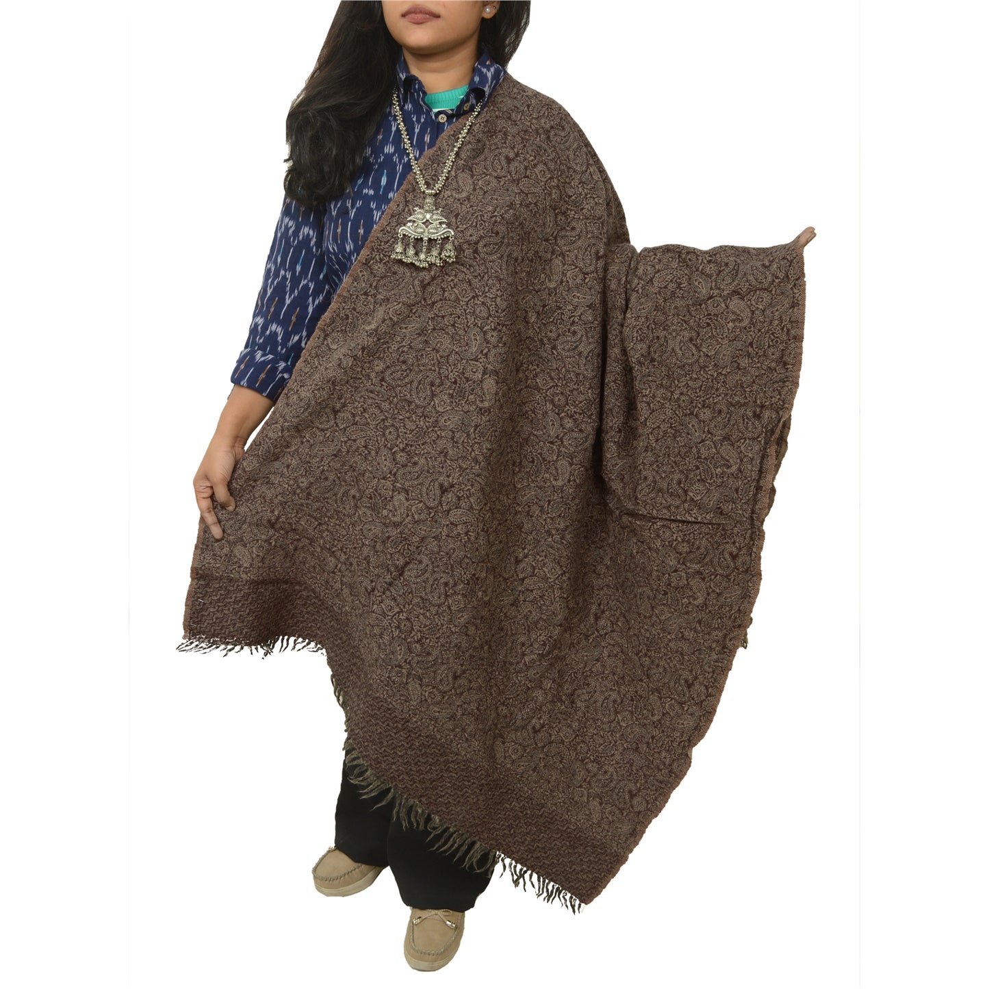 Sanskriti Vintage Long Brown Shawl Woven Pure Woollen Scarf Throw Stole