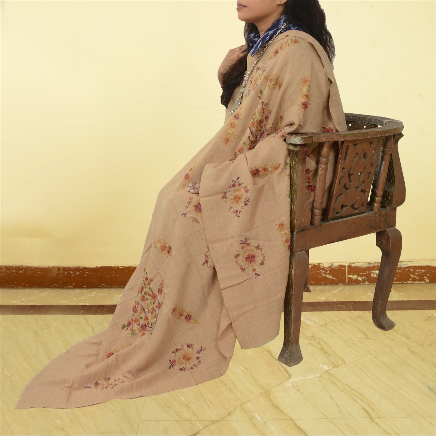Sanskriti Vintage Long Shawl Handmade Ari Work Pure Woollen Scarf Throw Stole