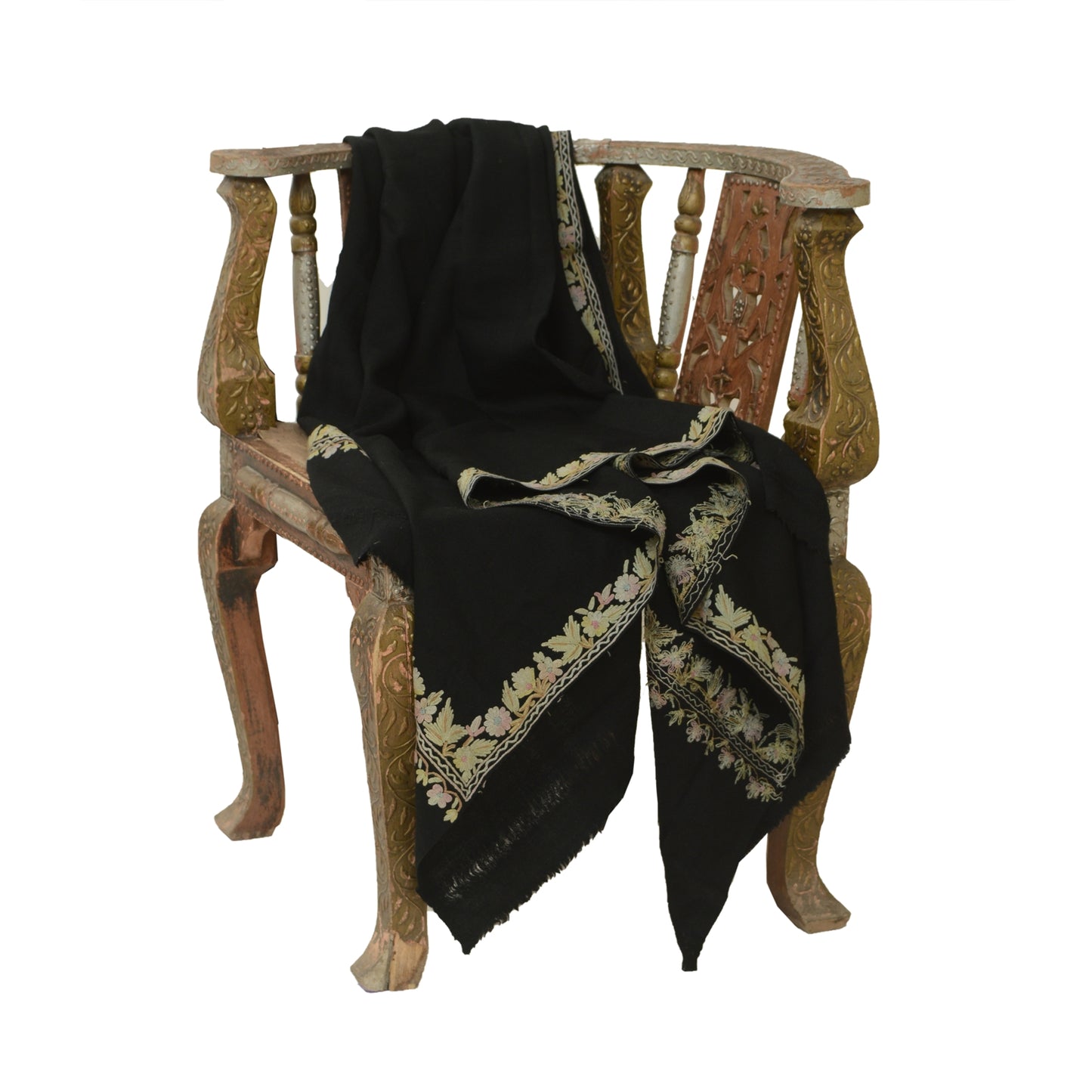 Sanskriti Vintage Long Shawl Handmade Ari Work Pure Woollen Scarf Throw Stole