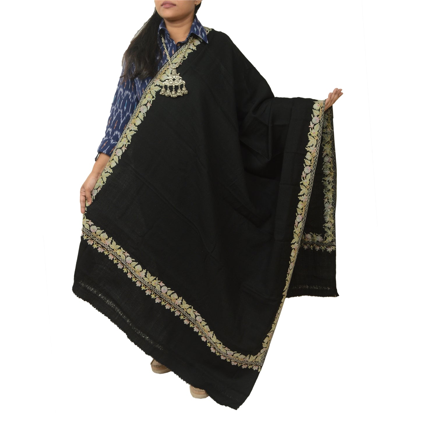Sanskriti Vintage Long Shawl Handmade Ari Work Pure Woollen Scarf Throw Stole