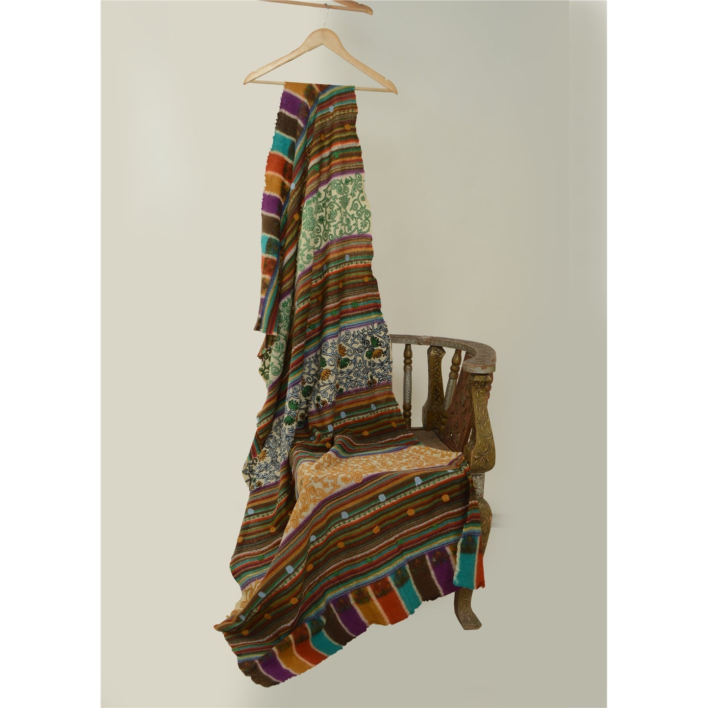 Sanskriti Vintage Long Shawl Handmade Ari Work Pure Woollen Scarf Throw Stole