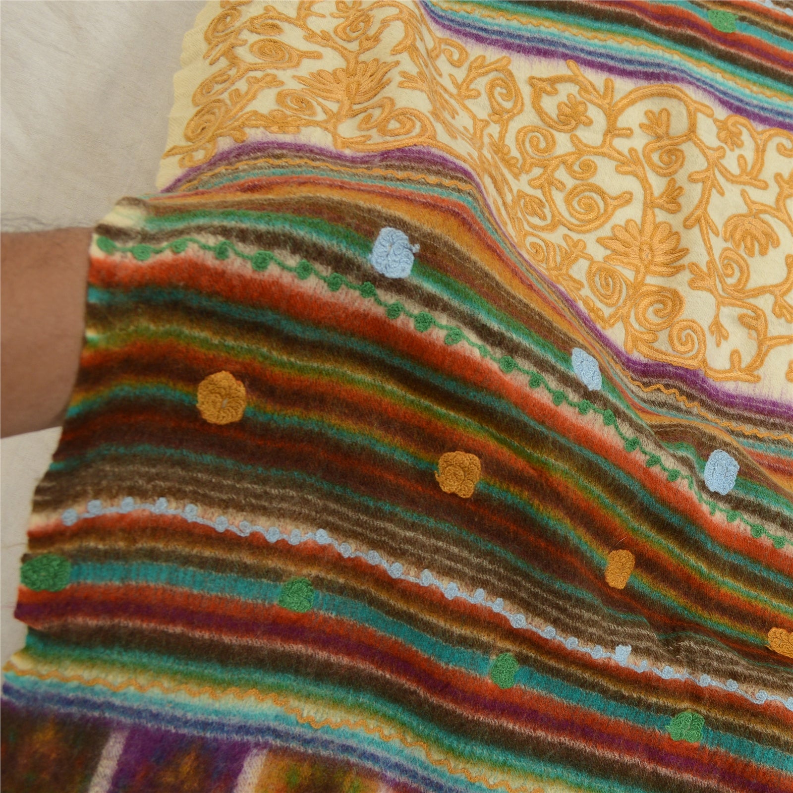 Sanskriti Vintage Long Shawl Handmade Ari Work Pure Woollen Scarf Throw Stole