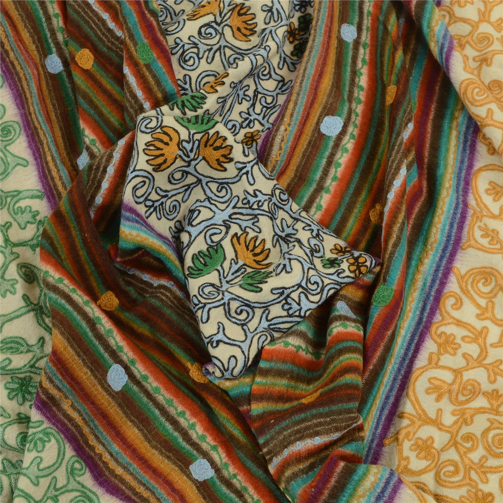 Sanskriti Vintage Long Shawl Handmade Ari Work Pure Woollen Scarf Throw Stole