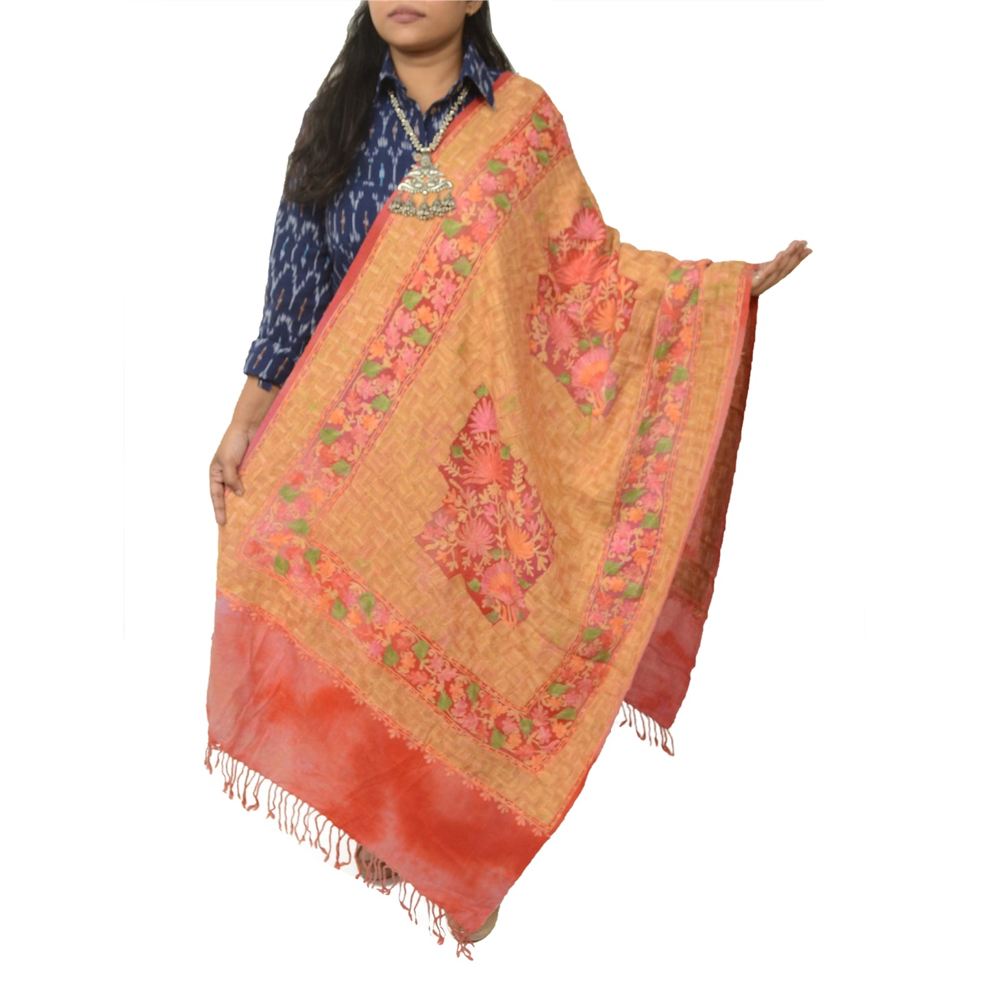 Sanskriti Vintage Long Shawl Handmade Ari Work Pure Woollen Scarf Throw Stole