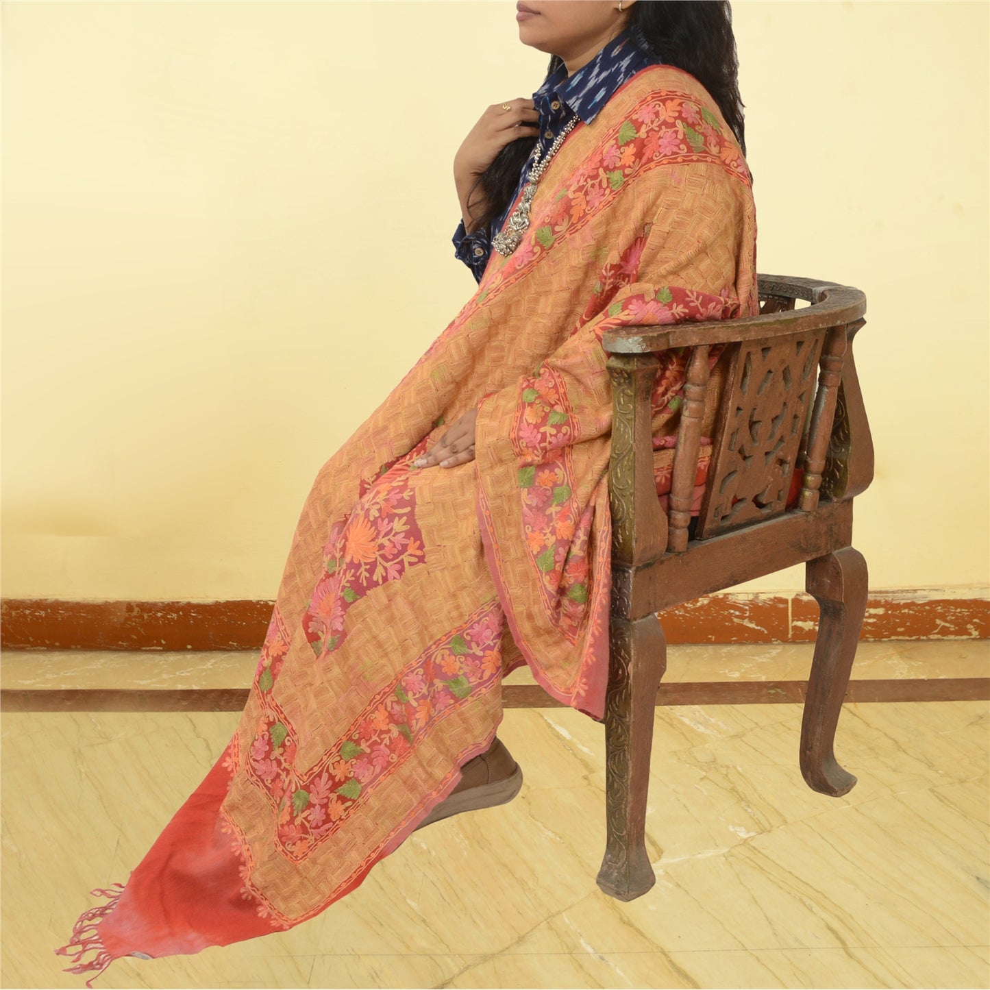 Sanskriti Vintage Long Shawl Handmade Ari Work Pure Woollen Scarf Throw Stole