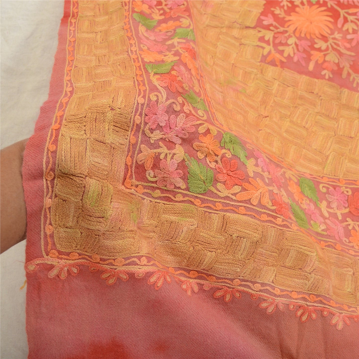 Sanskriti Vintage Long Shawl Handmade Ari Work Pure Woollen Scarf Throw Stole