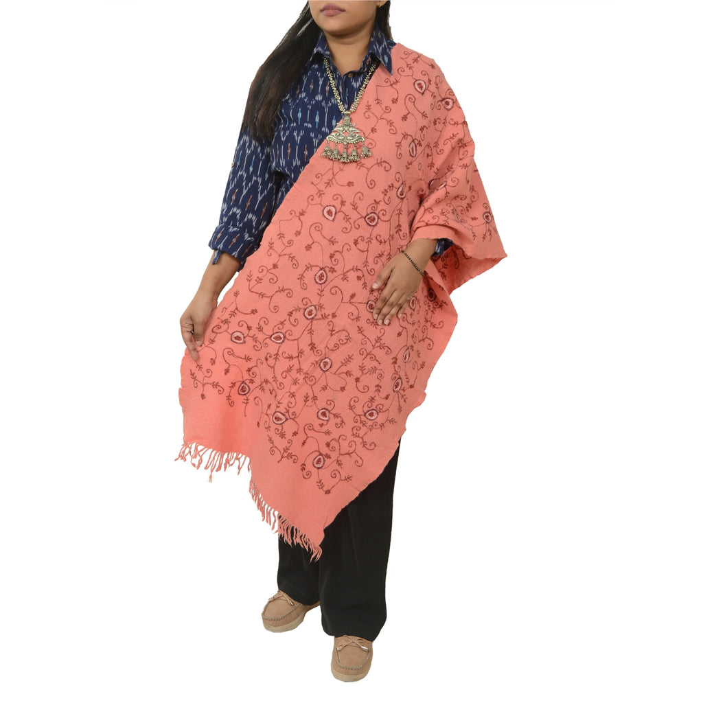 Sanskriti Vintage Long Shawl Handmade Ari Work Pure Woollen Scarf Throw Stole