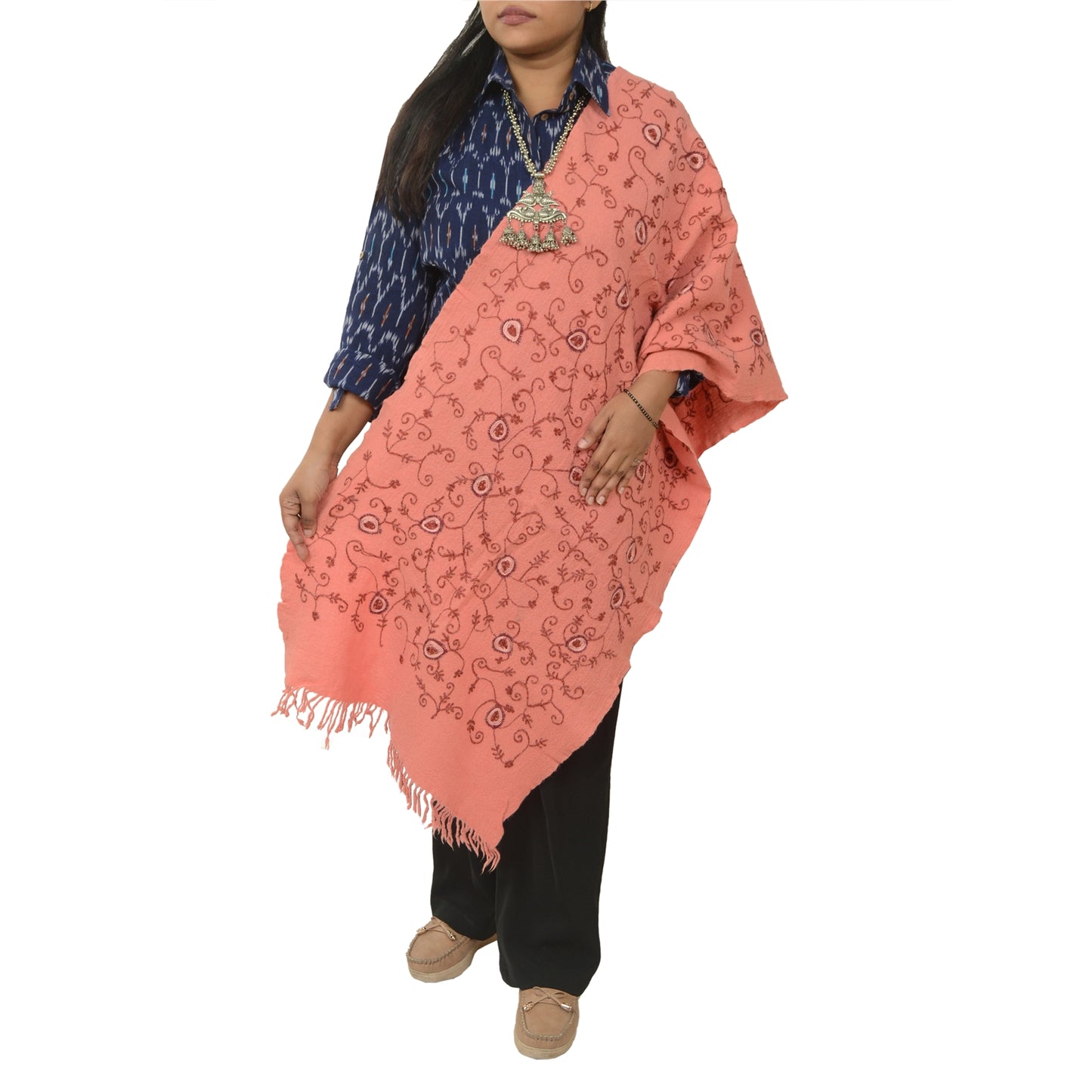 Sanskriti Vintage Long Shawl Handmade Ari Work Pure Woollen Scarf Throw Stole