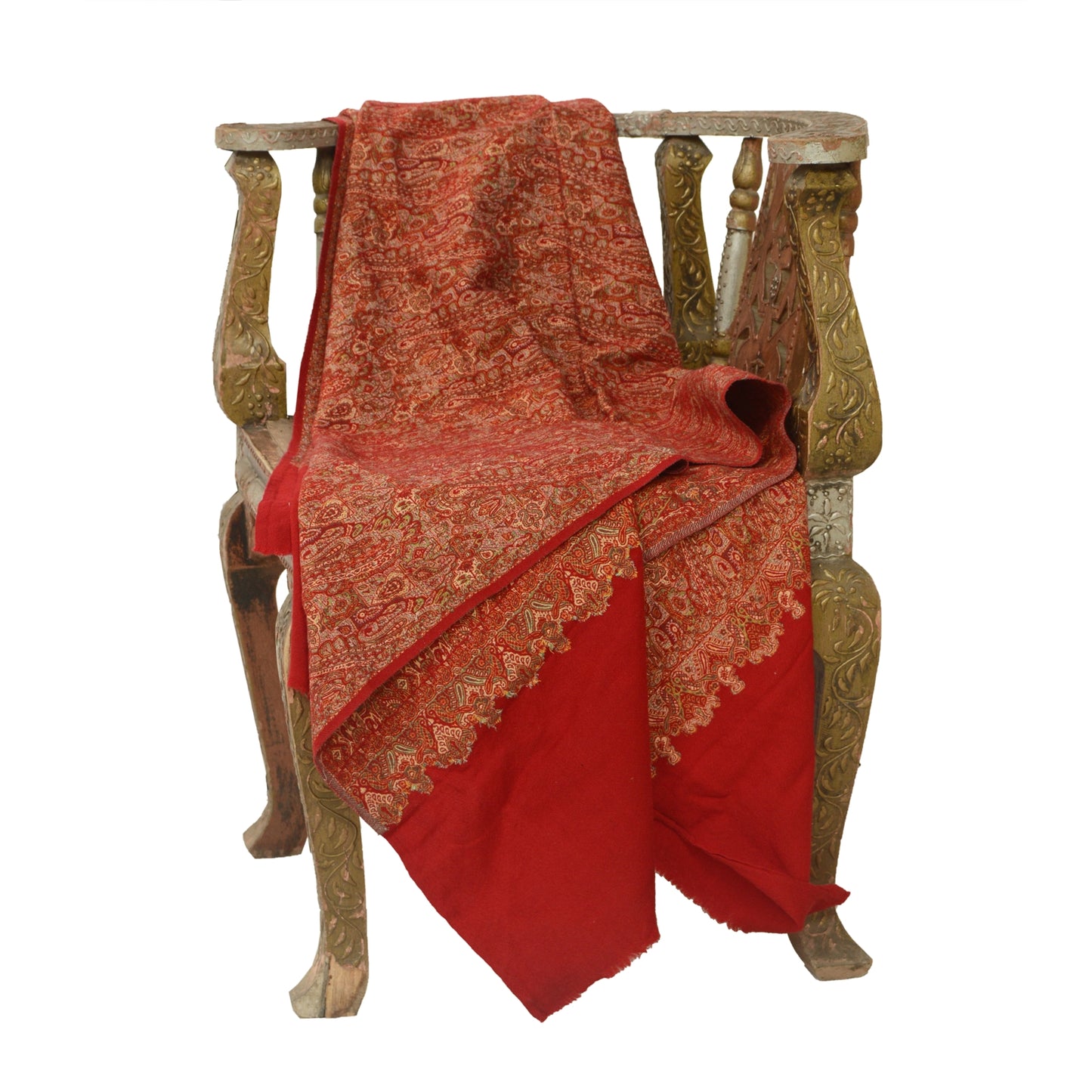 Sanskriti Vintage Long Red Shawl Handmade Woven Pure Woollen Scarf Throw Stole