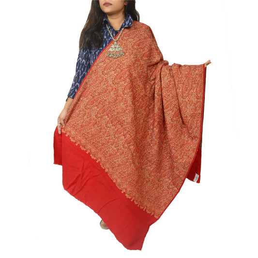 Sanskriti Vintage Long Red Shawl Handmade Woven Pure Woollen Scarf Throw Stole