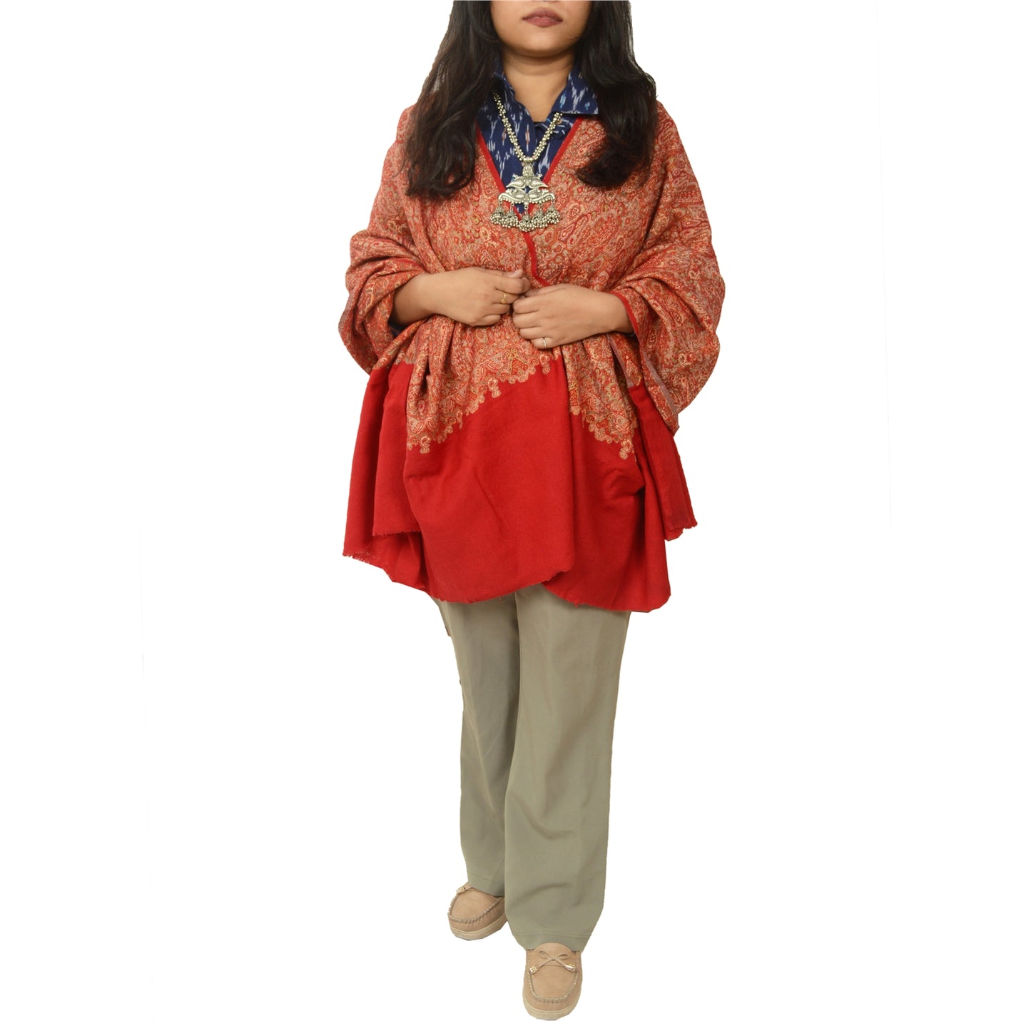 Sanskriti Vintage Long Red Shawl Handmade Woven Pure Woollen Scarf Throw Stole