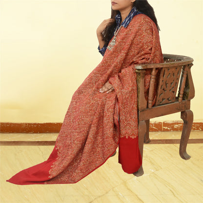 Sanskriti Vintage Long Red Shawl Handmade Woven Pure Woollen Scarf Throw Stole