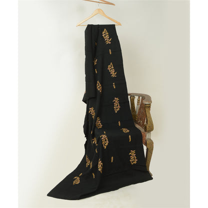 Sanskriti Vintage Long Black Shawl Handmade Ari Work Pure Woollen Throw Stole
