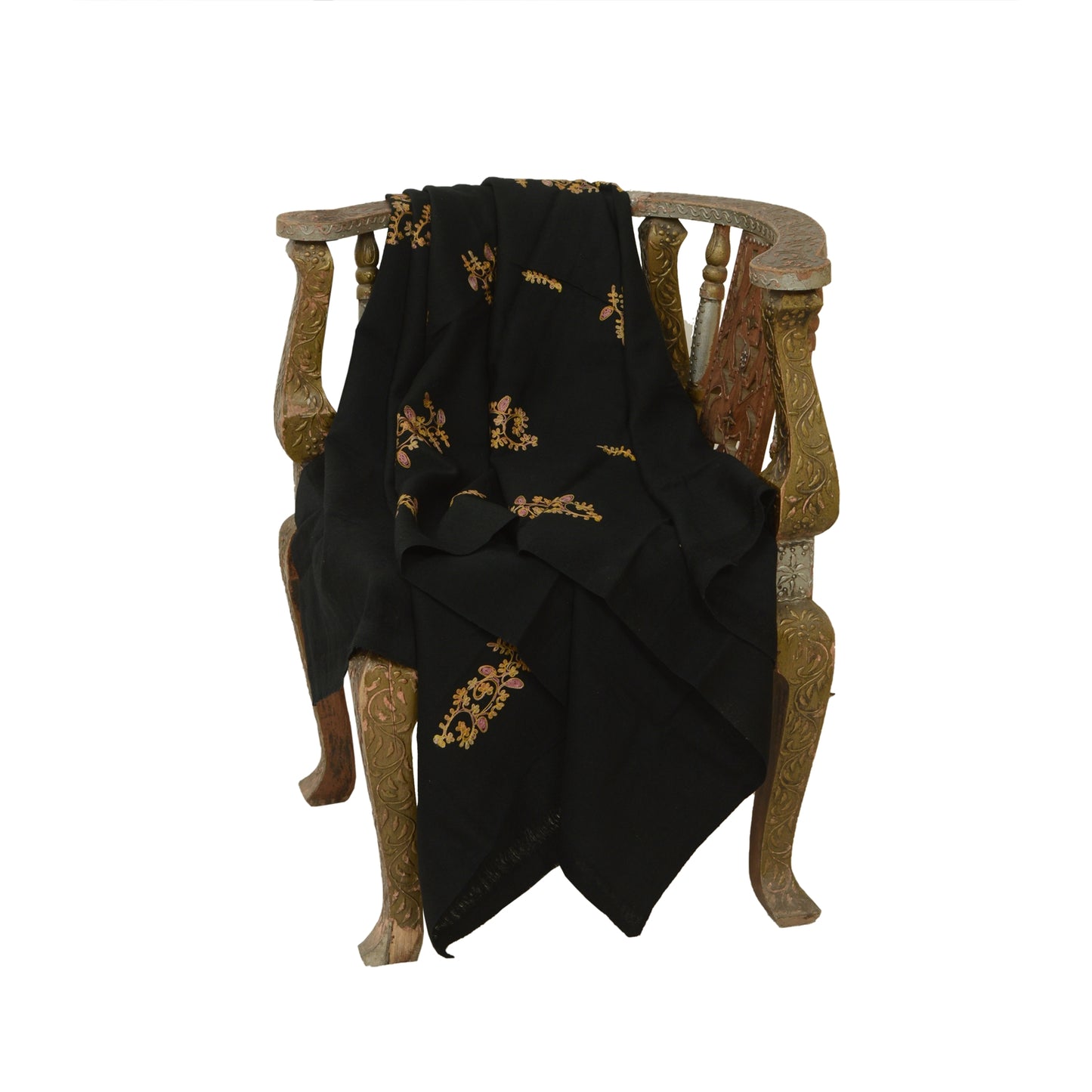 Sanskriti Vintage Long Black Shawl Handmade Ari Work Pure Woollen Throw Stole