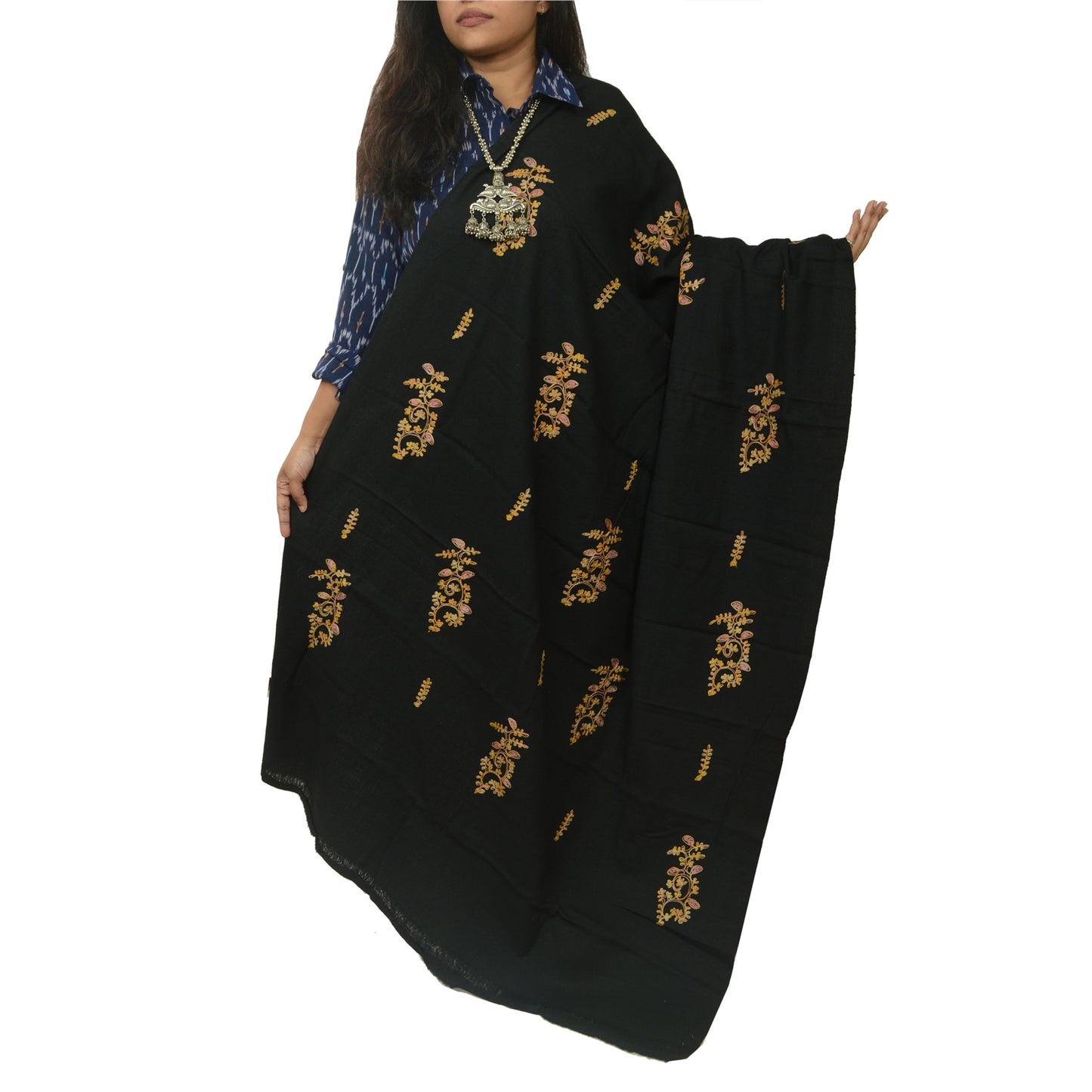 Sanskriti Vintage Long Black Shawl Handmade Ari Work Pure Woollen Throw Stole