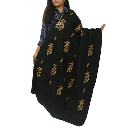 Sanskriti Vintage Long Black Shawl Handmade Ari Work Pure Woollen Throw Stole