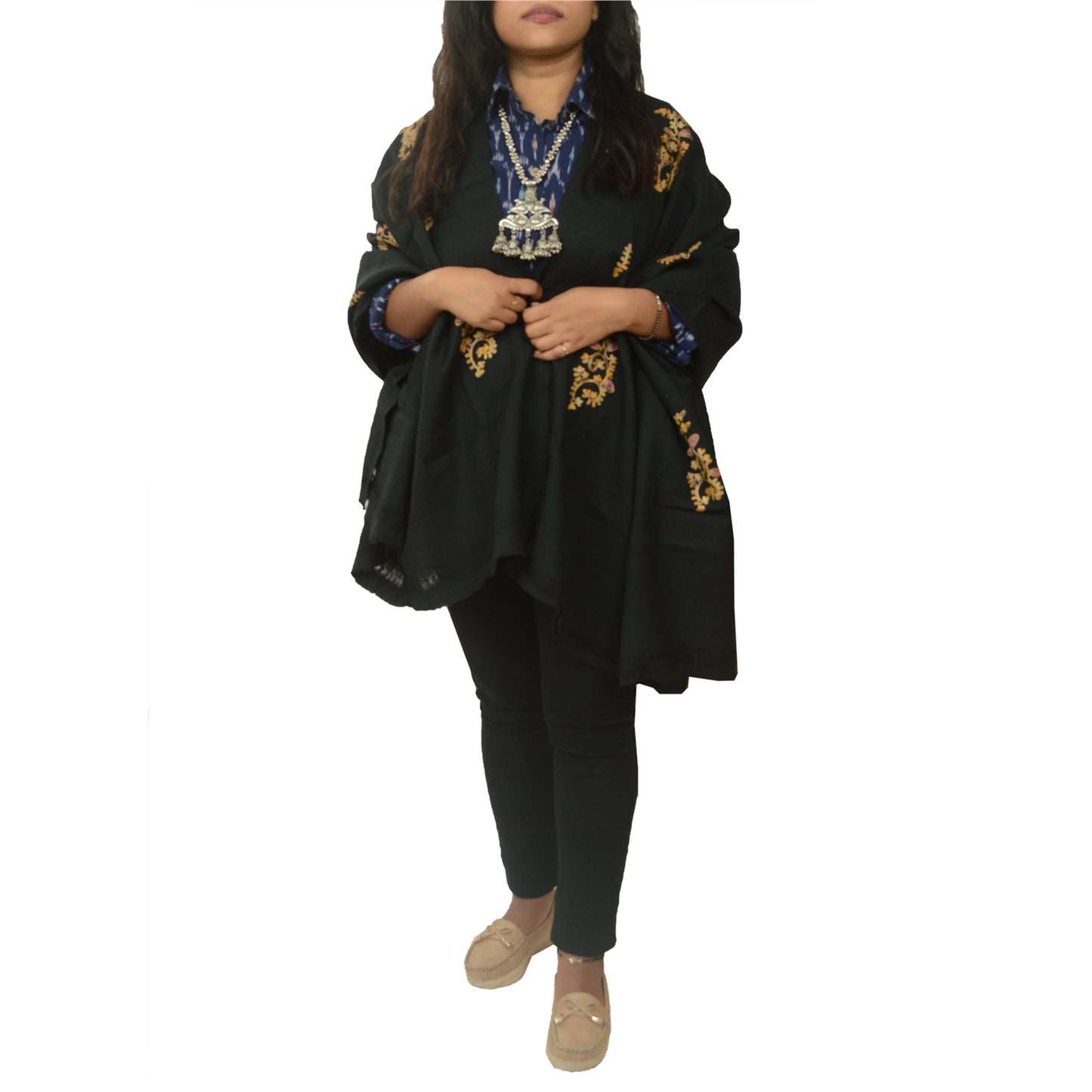 Sanskriti Vintage Long Black Shawl Handmade Ari Work Pure Woollen Throw Stole