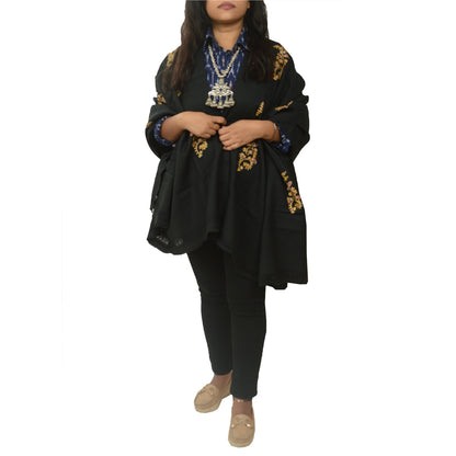 Sanskriti Vintage Long Black Shawl Handmade Ari Work Pure Woollen Throw Stole