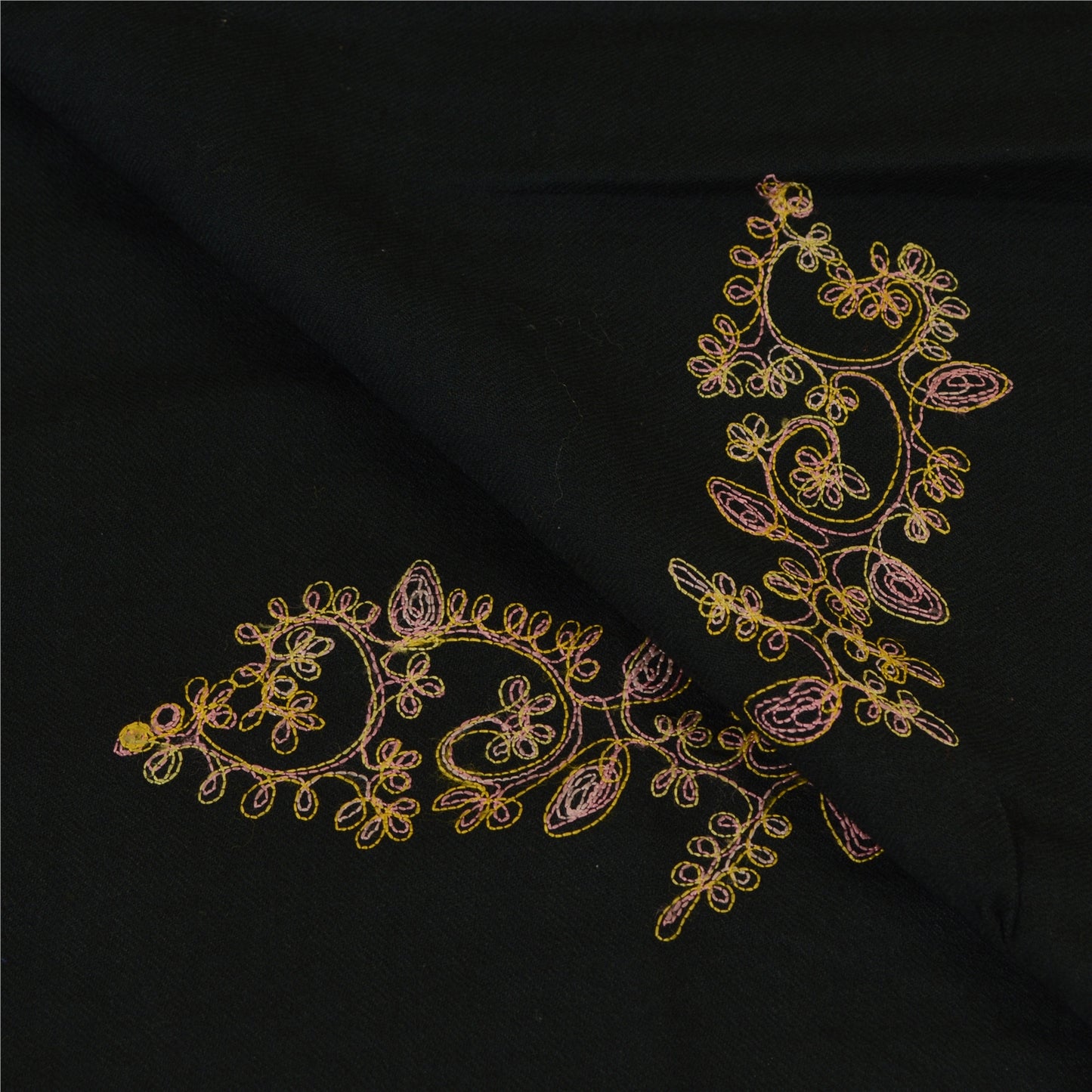 Sanskriti Vintage Long Black Shawl Handmade Ari Work Pure Woollen Throw Stole