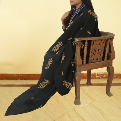 Sanskriti Vintage Long Black Shawl Handmade Ari Work Pure Woollen Throw Stole