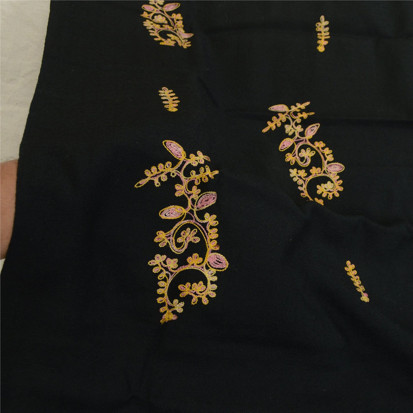 Sanskriti Vintage Long Black Shawl Handmade Ari Work Pure Woollen Throw Stole