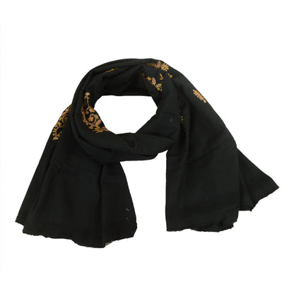 Sanskriti Vintage Long Black Shawl Handmade Ari Work Pure Woollen Throw Stole