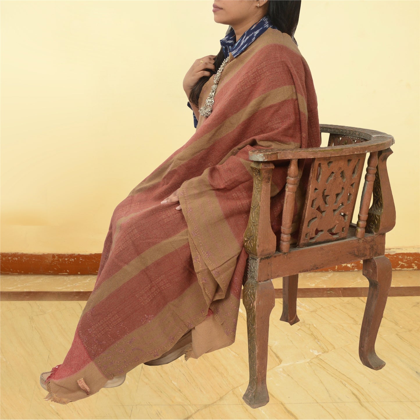 Sanskriti Vintage Pure Woolen Shawl Hand Embroidered Suzani Long Throw Stole