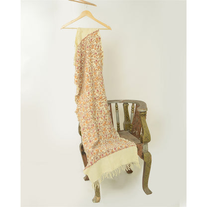 Sanskriti Vintage Long Ivory Shawl Handmade Ari Work Pure Woollen Throw Stole
